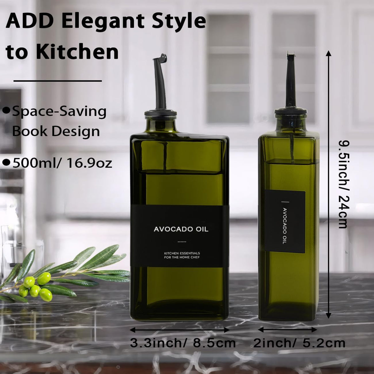Olive Oil Dispenser Bottle for Kitchen 16.9oz, UV-Blocking Oil and Vinegar Dispenser Set, Soy Sauce Dispenser, Space Saving Design for Countertop (Green)