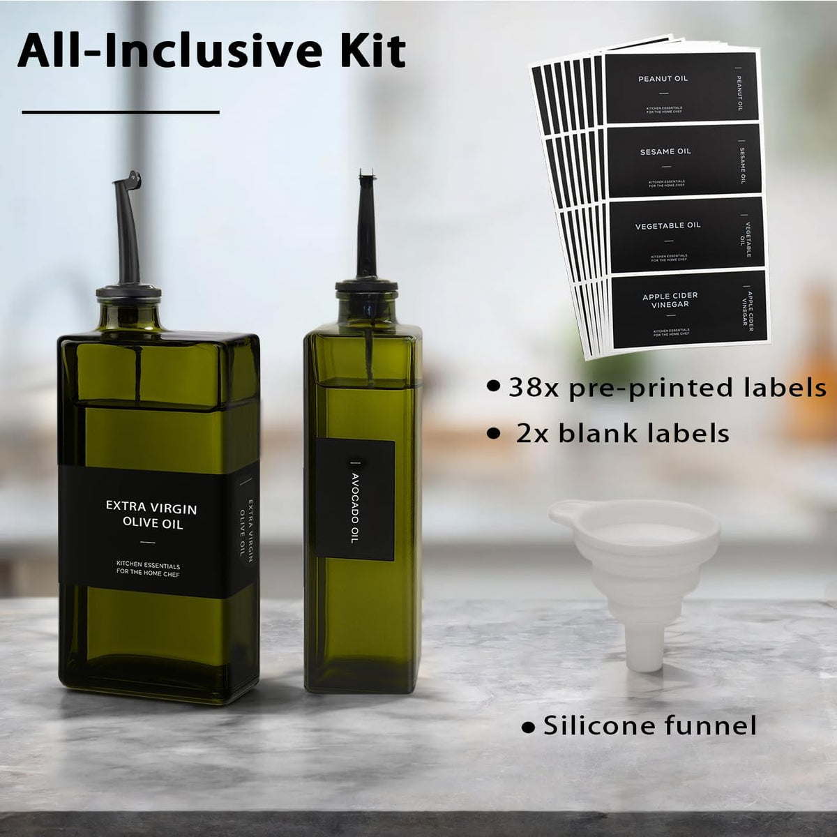 Olive Oil Dispenser Bottle for Kitchen 16.9oz, UV-Blocking Oil and Vinegar Dispenser Set, Soy Sauce Dispenser, Space Saving Design for Countertop (Green)