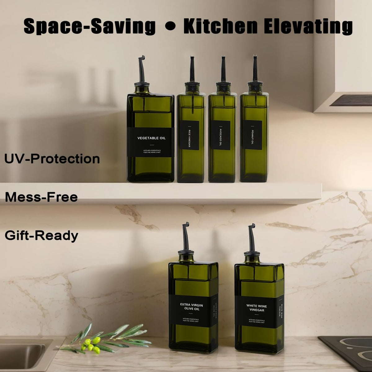 Olive Oil Dispenser Bottle for Kitchen 16.9oz, UV-Blocking Oil and Vinegar Dispenser Set, Soy Sauce Dispenser, Space Saving Design for Countertop (Green)