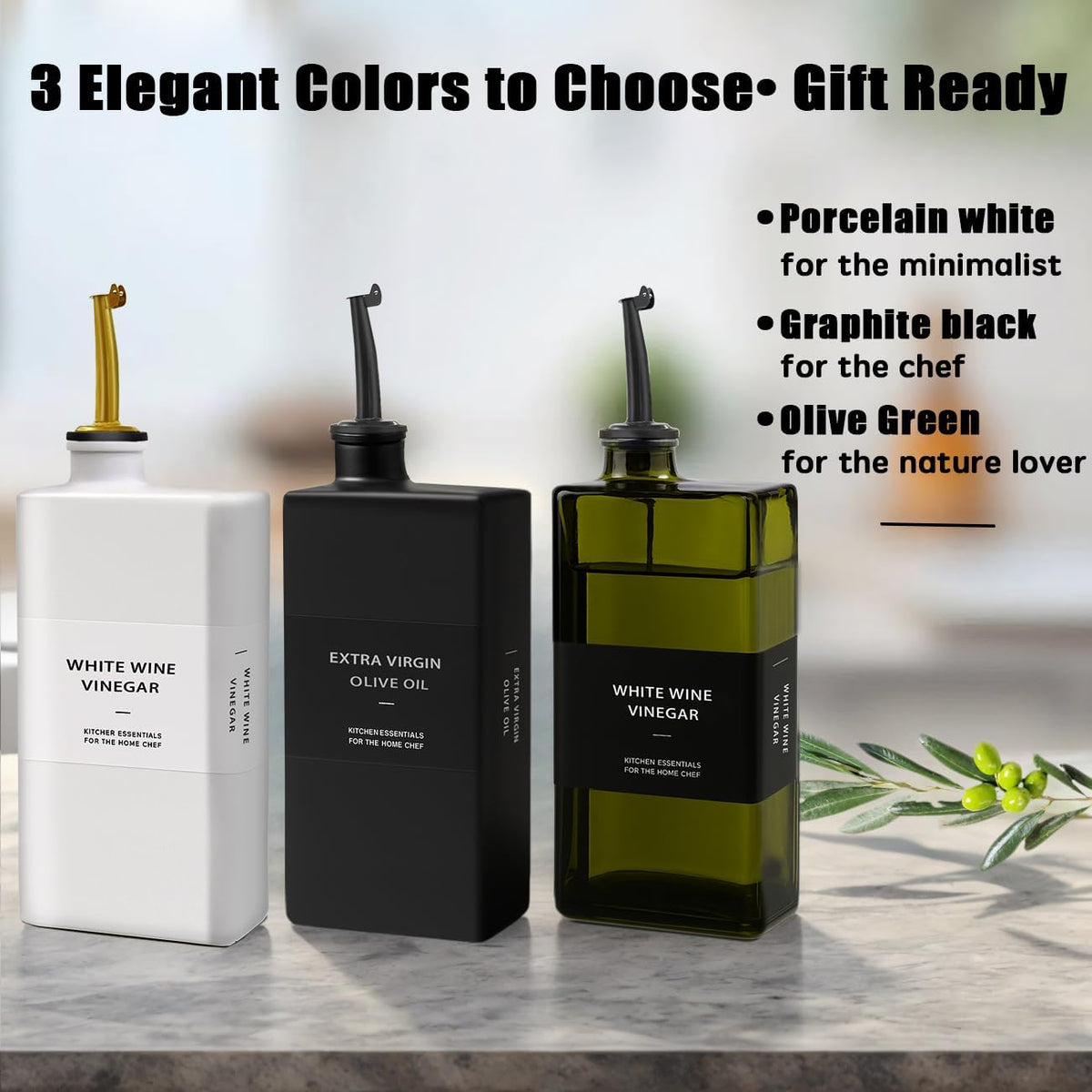 Olive Oil Dispenser Bottle for Kitchen 16.9oz, UV-Blocking Oil and Vinegar Dispenser Set, Soy Sauce Dispenser, Space Saving Design for Countertop (Green)