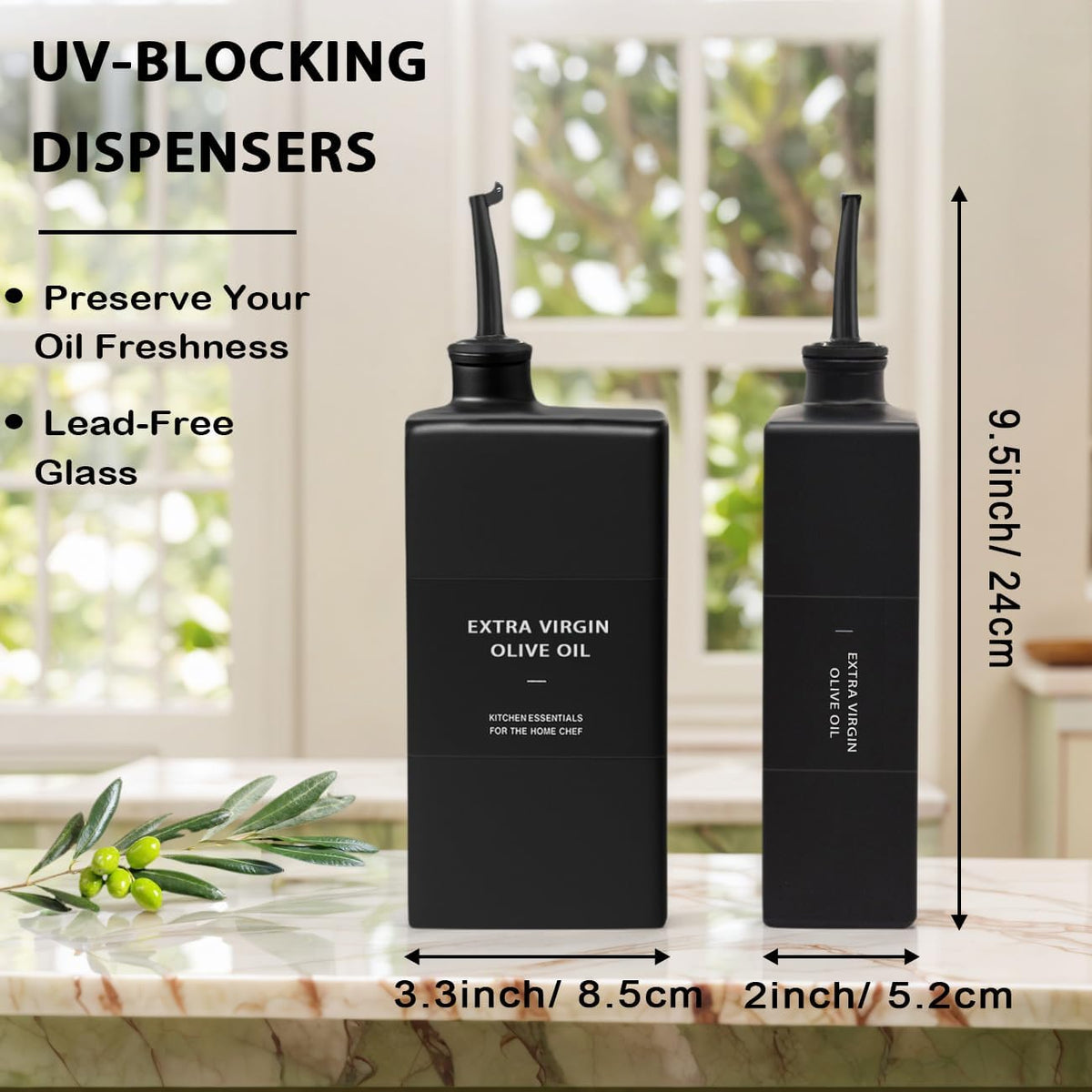 Olive Oil Dispenser Bottle for Kitchen 16.9oz, UV-Blocking Oil and Vinegar Dispenser Set, Soy Sauce Dispenser, Space Saving Design for Countertop (Green)