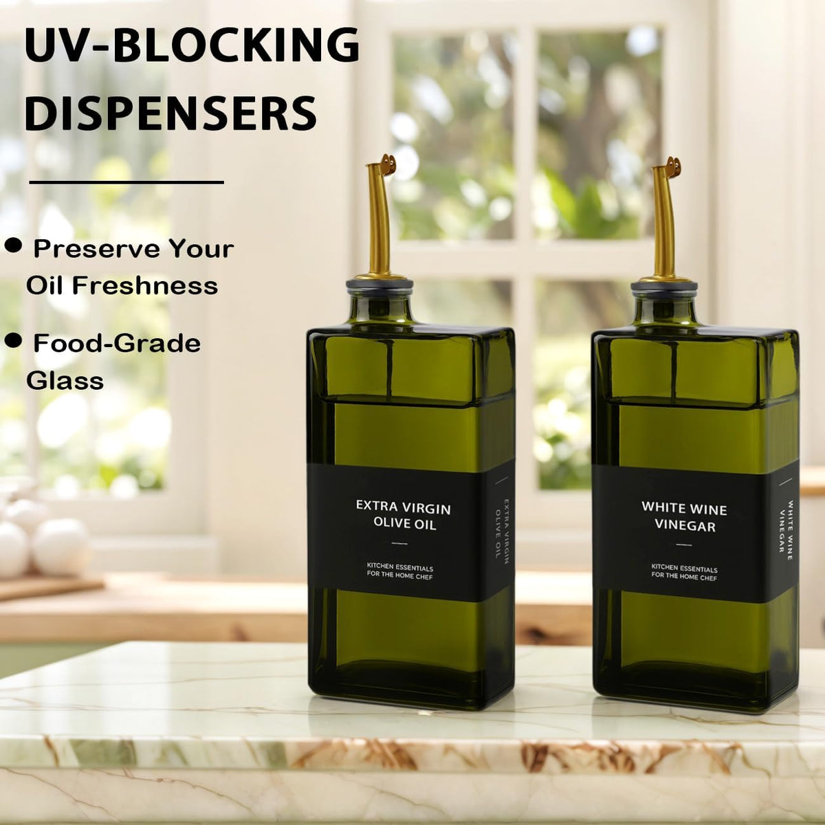 Olive Oil Dispenser Bottle for Kitchen 16.9oz, UV-Blocking Oil and Vinegar Dispenser Set, Soy Sauce Dispenser, Space Saving Design for Countertop (Green)