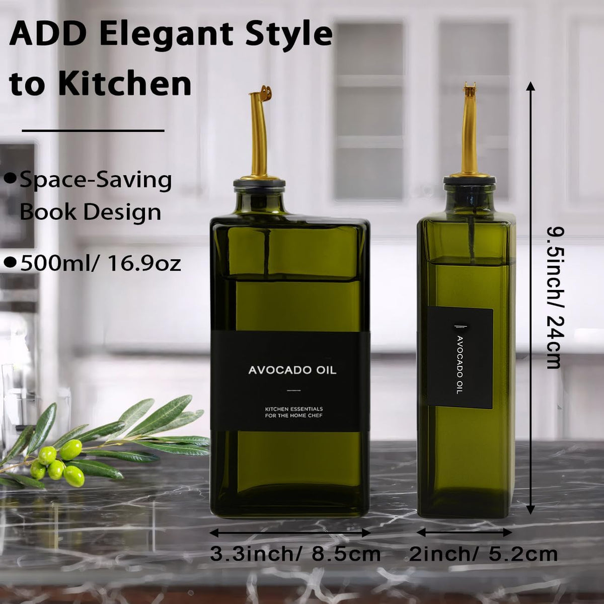 Olive Oil Dispenser Bottle for Kitchen 16.9oz, UV-Blocking Oil and Vinegar Dispenser Set, Soy Sauce Dispenser, Space Saving Design for Countertop (Green)