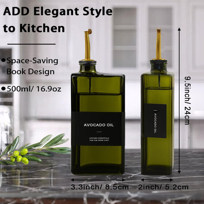 Olive Oil Dispenser Bottle for Kitchen 16.9oz, UV-Blocking Oil and Vinegar Dispenser Set, Soy Sauce Dispenser, Space Saving Design for Countertop (Green)