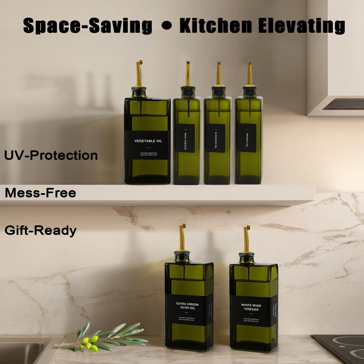 Olive Oil Dispenser Bottle for Kitchen 16.9oz, UV-Blocking Oil and Vinegar Dispenser Set, Soy Sauce Dispenser, Space Saving Design for Countertop (Green)
