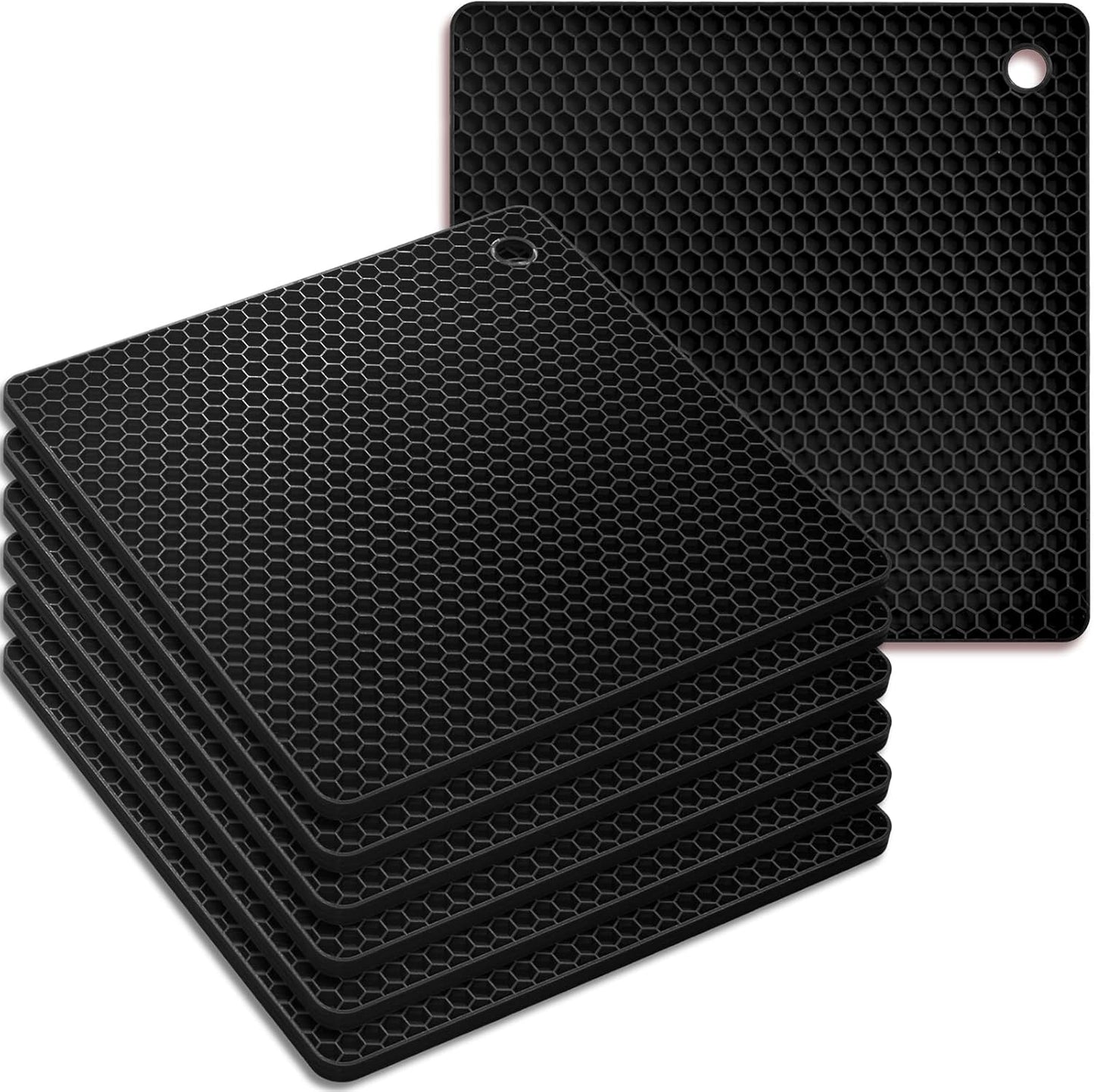 Silicone Square Trivets Mat, 6 Packs Multipurpose Non Slip Heat Resistant Pot Holder-Black