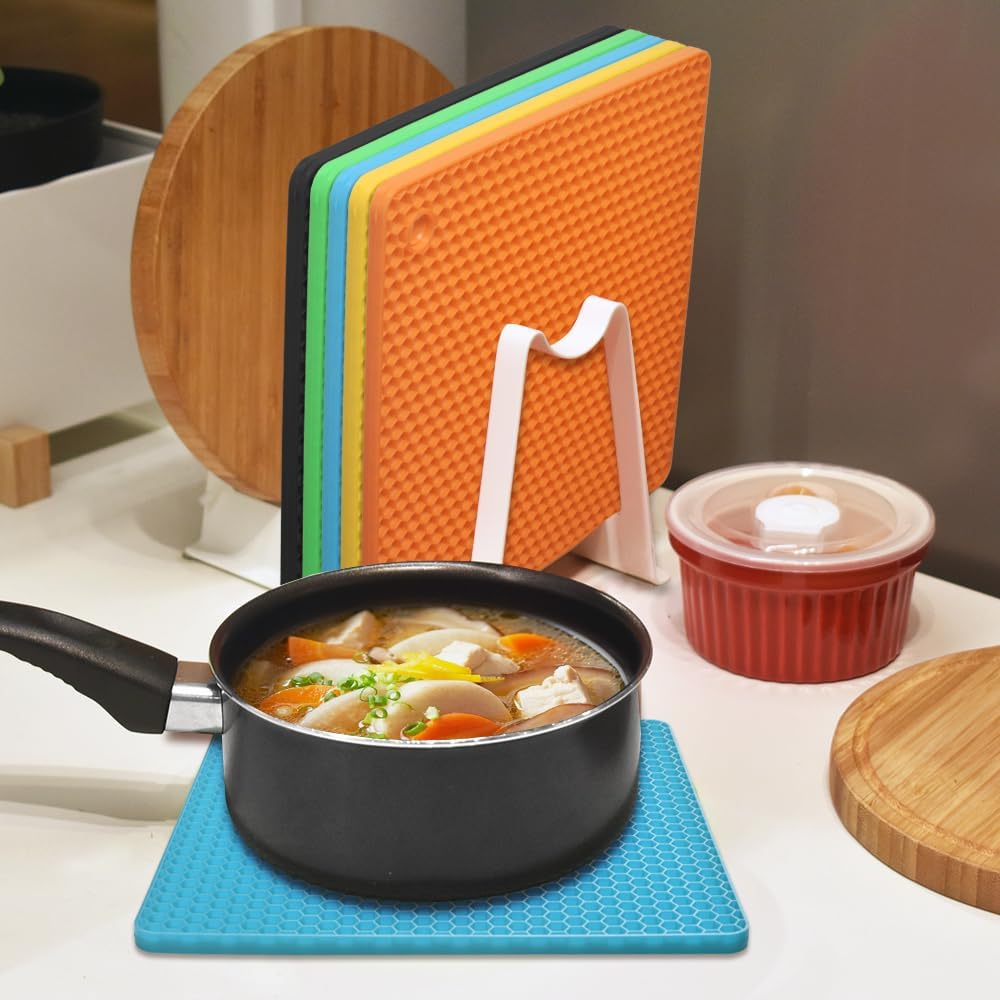 Silicone Square Trivets Mat, 6 Packs Multipurpose Non Slip Heat Resistant Pot Holder-Black