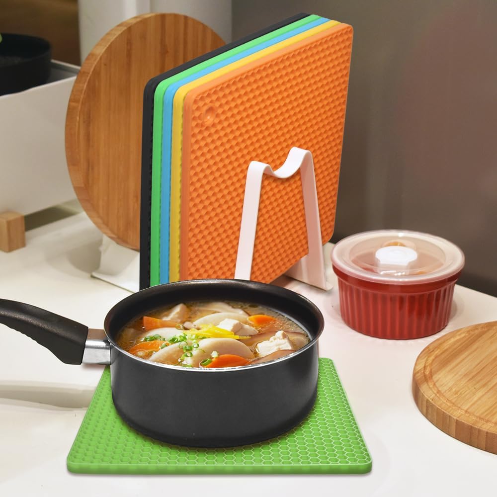 Silicone Square Trivets Mat, 6 Packs Multipurpose Non Slip Heat Resistant Pot Holder-Black