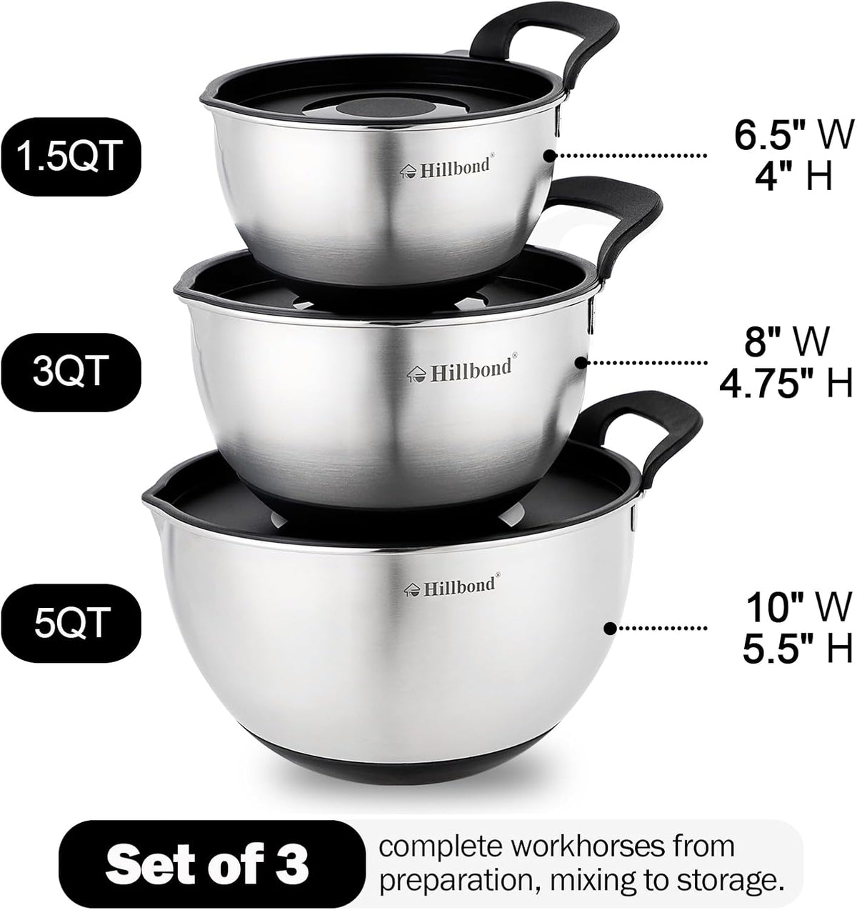 Stainless Steel Mixing Bowls with Lids Set, Set of 3, Black