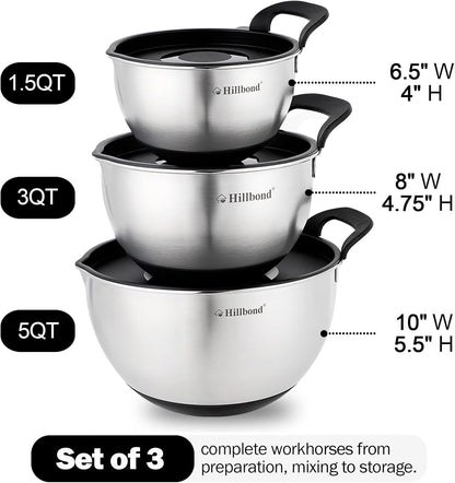 Stainless Steel Mixing Bowls with Lids Set, Set of 3, Black