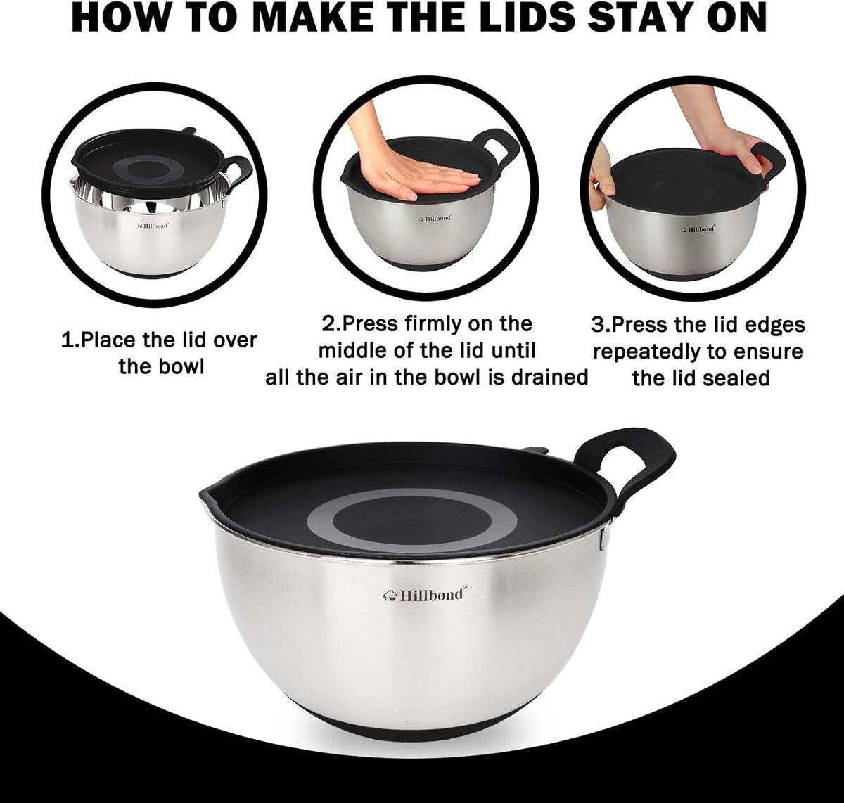 Stainless Steel Mixing Bowls with Lids Set, Set of 3, Black