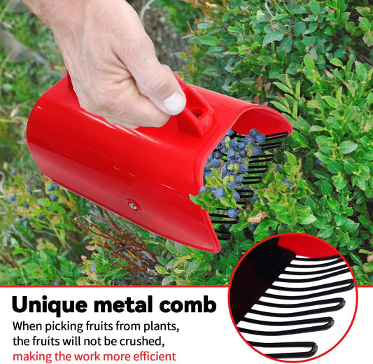 2 Pack Blueberry Picker with Metallic Comb and Ergonomic Metal Handle, Plastic Scoop for Blueberries Lingonberries Huckleberries (Red)