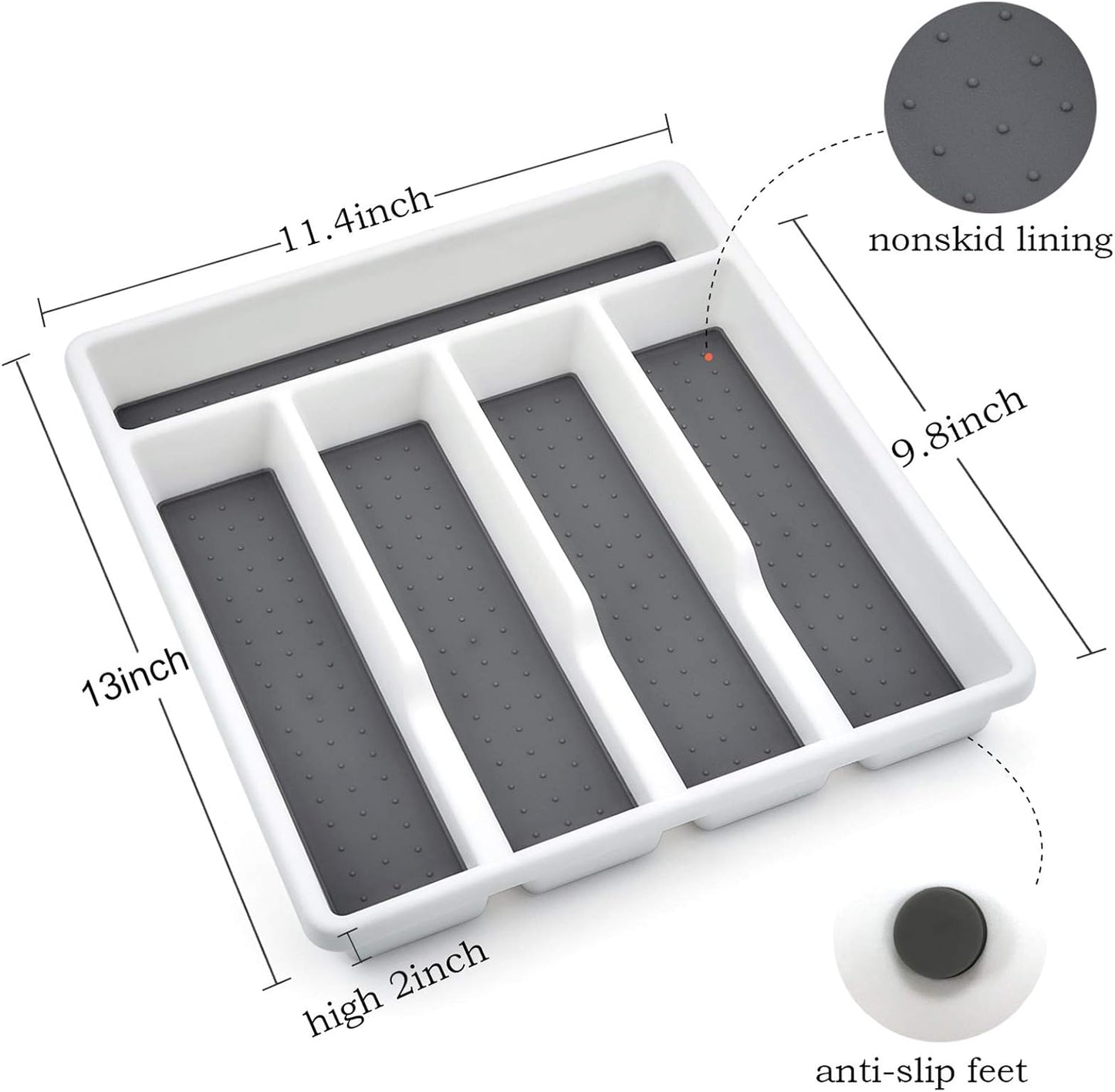 Silverware Tray for Drawer with Five Sections, Flatware Organizer/Cutlery Holder with Soft Grip Lining and Non-slip Rubber Feet, Multi-Purpose Storage for Kitchen, Office, Bathroom Supplies