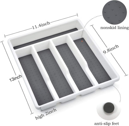 Silverware Tray for Drawer with Five Sections, Flatware Organizer/Cutlery Holder with Soft Grip Lining and Non-slip Rubber Feet, Multi-Purpose Storage for Kitchen, Office, Bathroom Supplies