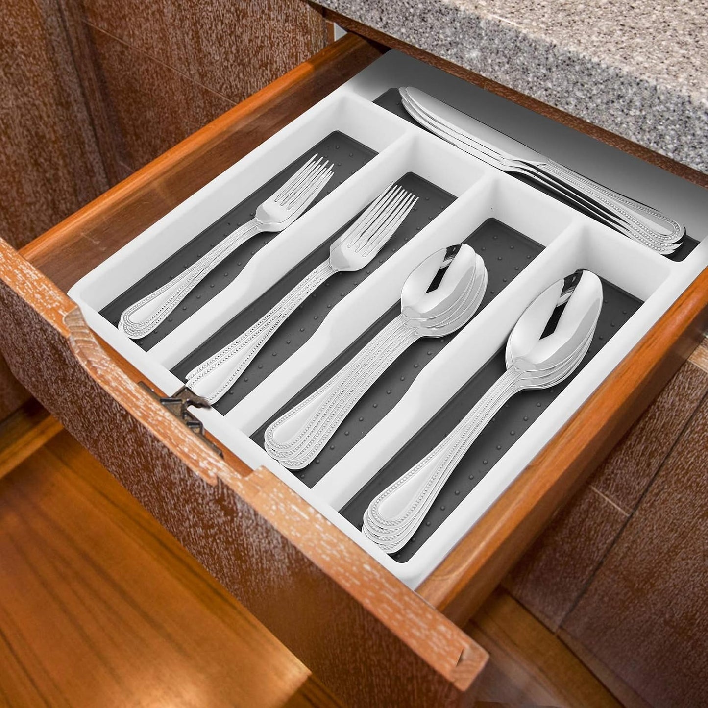 Silverware Tray for Drawer with Five Sections, Flatware Organizer/Cutlery Holder with Soft Grip Lining and Non-slip Rubber Feet, Multi-Purpose Storage for Kitchen, Office, Bathroom Supplies