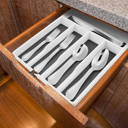 Silverware Tray for Drawer with Five Sections, Flatware Organizer/Cutlery Holder with Soft Grip Lining and Non-slip Rubber Feet, Multi-Purpose Storage for Kitchen, Office, Bathroom Supplies