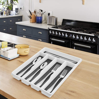 Silverware Tray for Drawer with Five Sections, Flatware Organizer/Cutlery Holder with Soft Grip Lining and Non-slip Rubber Feet, Multi-Purpose Storage for Kitchen, Office, Bathroom Supplies