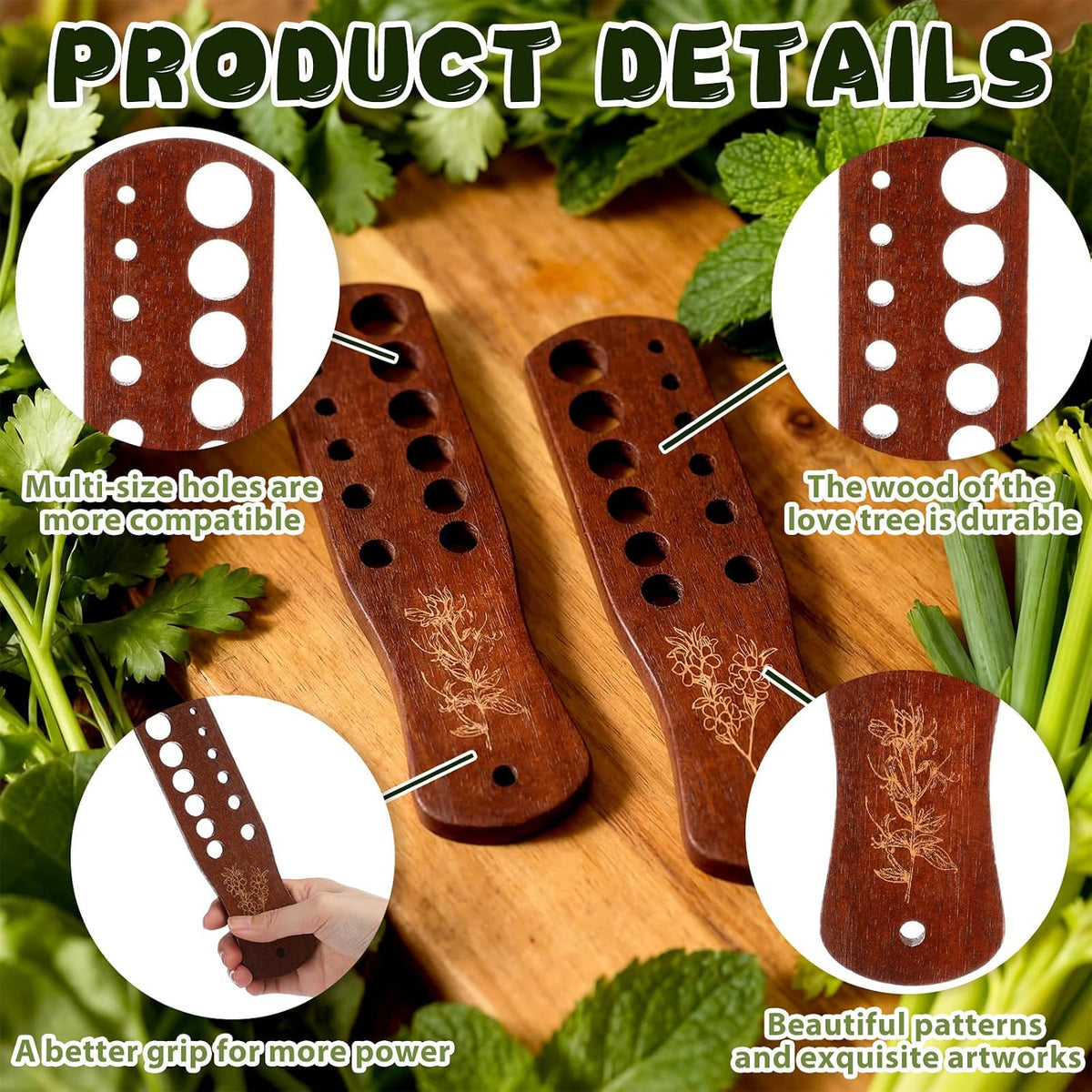 2 Pack Wooden Herb Stripper Tool Set Vegetable Leaf Separator 7 x 1.8 x 0.3 Inches Acacia Wood Leaf Separator 12 Holes Herb Peeler for Stripping Kitchen Gadgets for Cilantro Parsley Mint