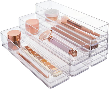 SimpleSort 6-Piece Stackable Clear Drawer Organizer Set | 12" x 3" x 2" Rectangle Trays | Narrow Makeup Vanity Storage Bins and Office Desk Drawer Dividers | Made in USA