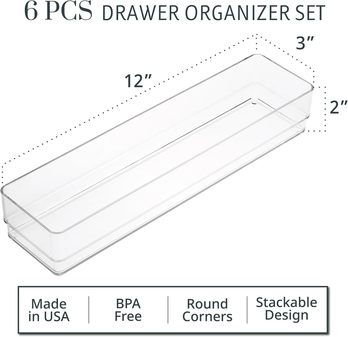 SimpleSort 6-Piece Stackable Clear Drawer Organizer Set | 12" x 3" x 2" Rectangle Trays | Narrow Makeup Vanity Storage Bins and Office Desk Drawer Dividers | Made in USA