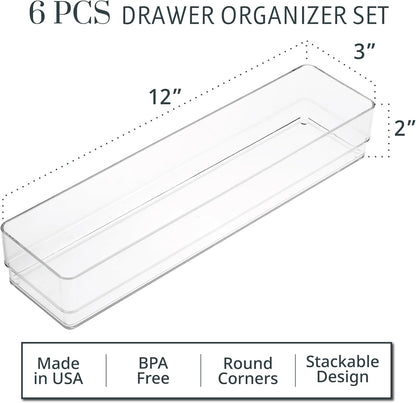 SimpleSort 6-Piece Stackable Clear Drawer Organizer Set | 12" x 3" x 2" Rectangle Trays | Narrow Makeup Vanity Storage Bins and Office Desk Drawer Dividers | Made in USA