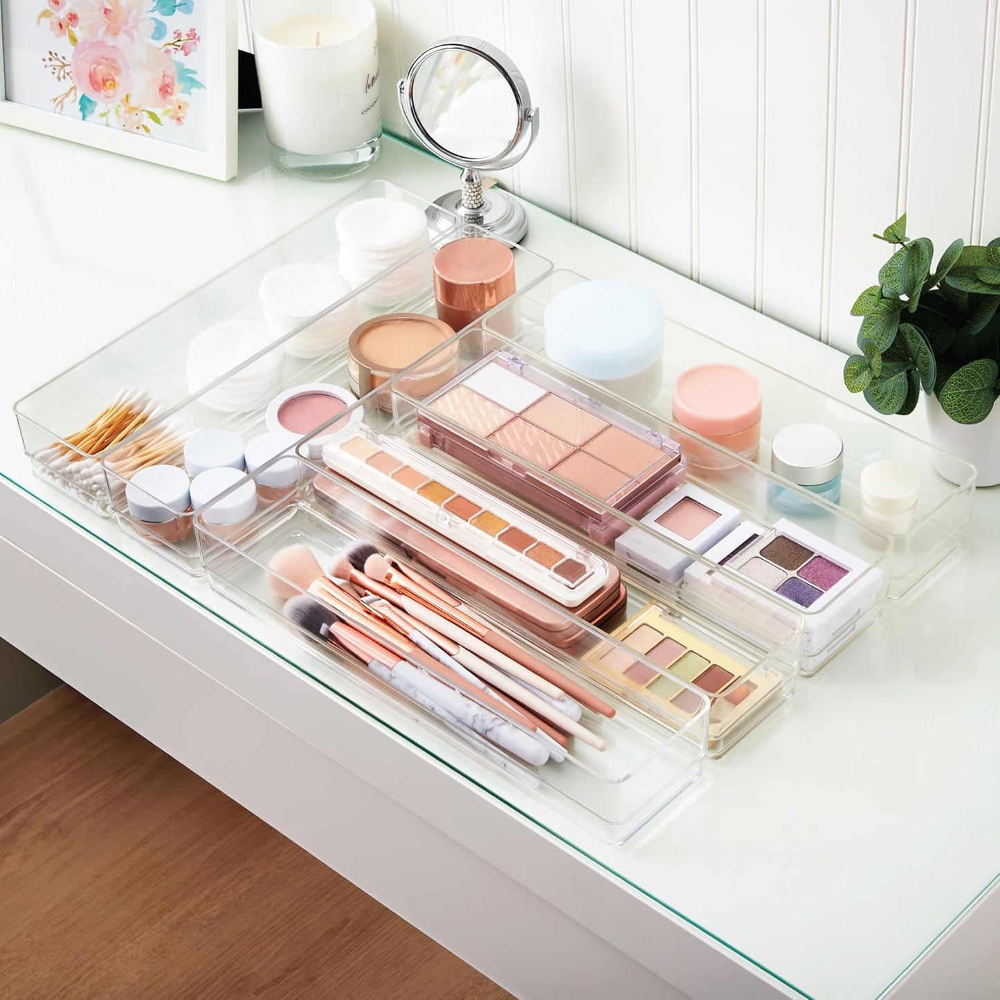 SimpleSort 6-Piece Stackable Clear Drawer Organizer Set | 12" x 3" x 2" Rectangle Trays | Narrow Makeup Vanity Storage Bins and Office Desk Drawer Dividers | Made in USA