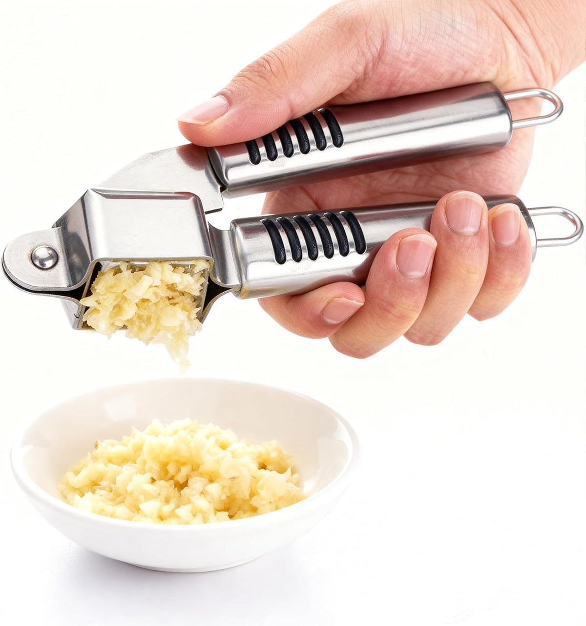Garlic Press and Peel Set Stainless Steel- Rust Proof Garlic Mincer Tool - Easy-Squeeze, Easy-Clean Silicone Garlic Peeler & Brush (Green)