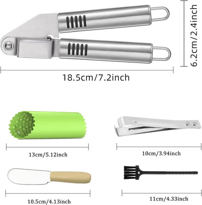 Garlic Press and Peel Set Stainless Steel- Rust Proof Garlic Mincer Tool - Easy-Squeeze, Easy-Clean Silicone Garlic Peeler & Brush (Green)