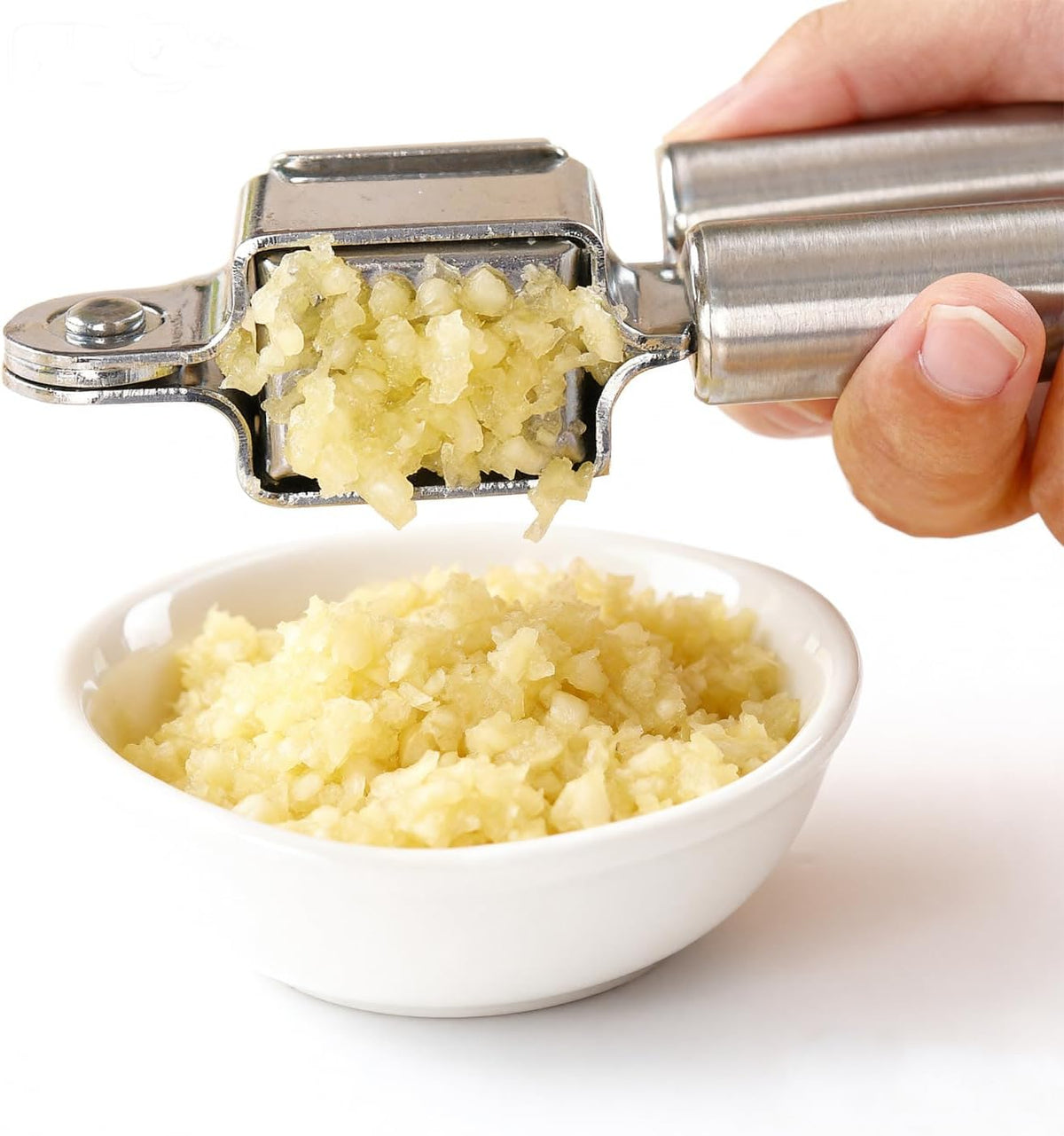 Garlic Press and Peel Set Stainless Steel- Rust Proof Garlic Mincer Tool - Easy-Squeeze, Easy-Clean Silicone Garlic Peeler & Brush (Green)