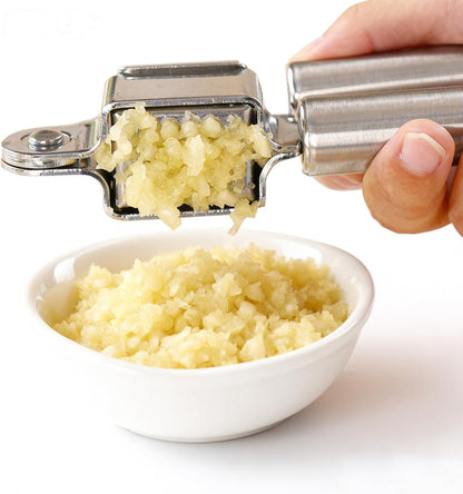 Garlic Press and Peel Set Stainless Steel- Rust Proof Garlic Mincer Tool - Easy-Squeeze, Easy-Clean Silicone Garlic Peeler & Brush (Green)