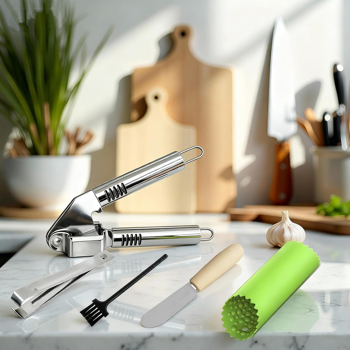 Garlic Press and Peel Set Stainless Steel- Rust Proof Garlic Mincer Tool - Easy-Squeeze, Easy-Clean Silicone Garlic Peeler & Brush (Green)