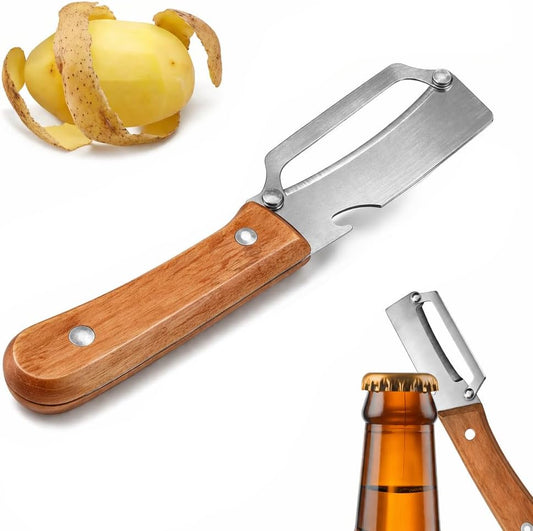 2026 Upgrade Vegetable Peeler With Wooden Handle, Stainless Steel Wide Blade Potato and Carrot Peeler, 2-in-1 Veggie Peeler With Bottle Opener for Kitchen, Camping and Travel (1PCS)