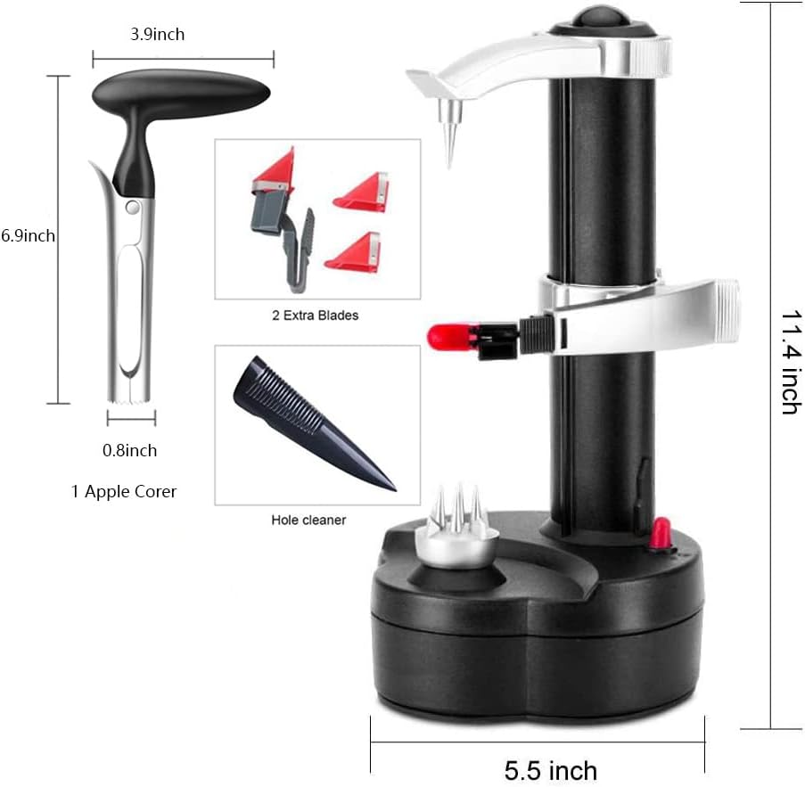 Electric Potato Peeler Automatic Potato Peeler Machine, Electric Peeler Fruits and Vegetables, Apple Peeling Machine for Kitchen [1 Adapter 2 Extra Blades] with Apple Corer (Black-C)