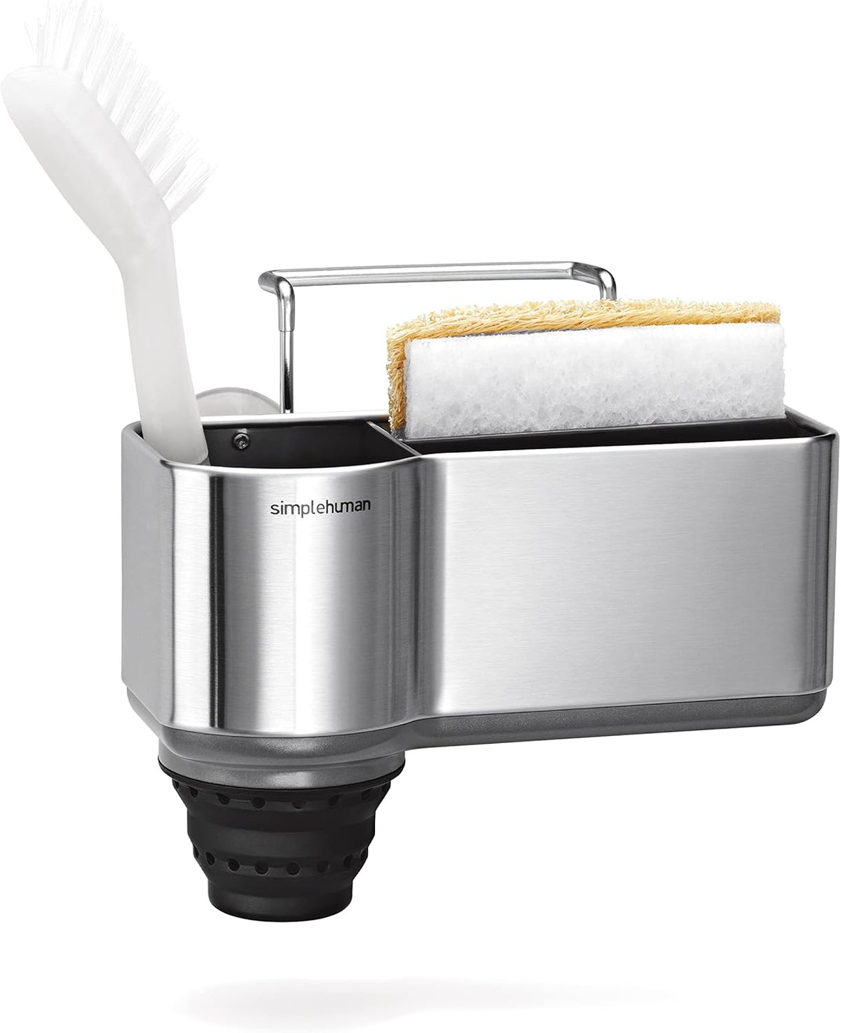 Sink Caddy, Sponge Holder for Kitchen Sink with Compartment Dividers, 4 Suction Cups & Wire Ledge Hanger for Secure Mount, Vented Base for Fast Drying, Brushed Stainless Steel