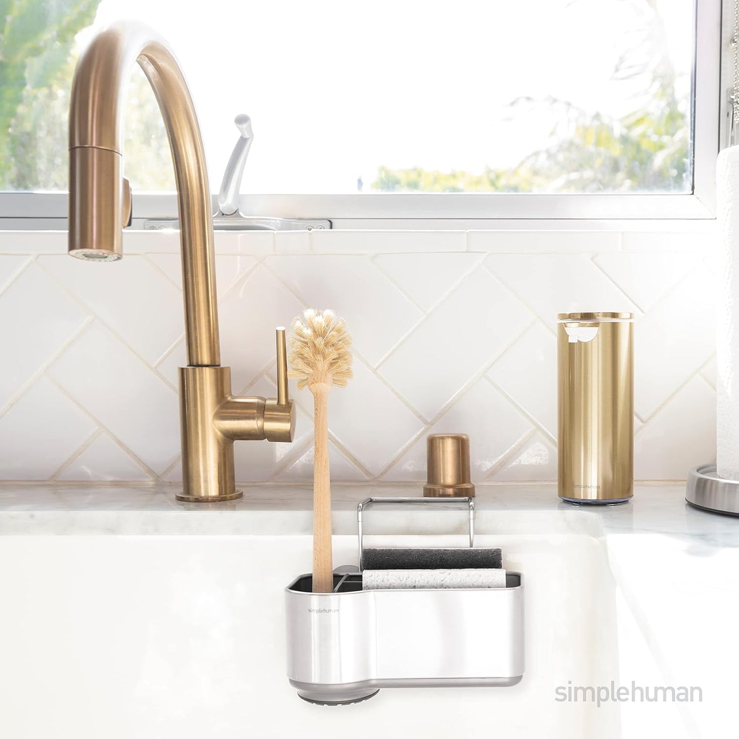 Sink Caddy, Sponge Holder for Kitchen Sink with Compartment Dividers, 4 Suction Cups & Wire Ledge Hanger for Secure Mount, Vented Base for Fast Drying, Brushed Stainless Steel