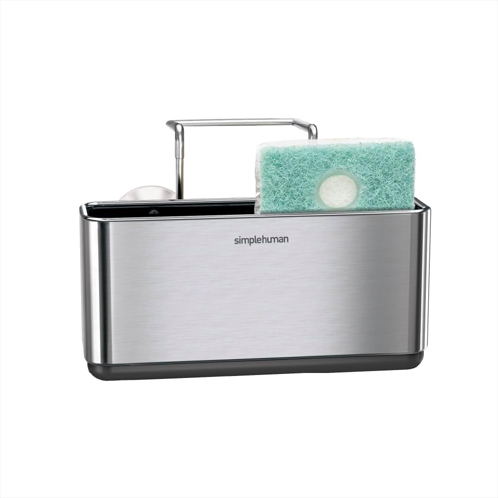 Sink Caddy, Sponge Holder for Kitchen Sink with Compartment Dividers, 4 Suction Cups & Wire Ledge Hanger for Secure Mount, Vented Base for Fast Drying, Brushed Stainless Steel