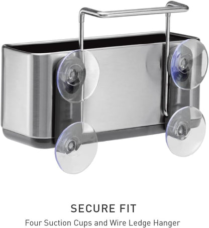 Sink Caddy, Sponge Holder for Kitchen Sink with Compartment Dividers, 4 Suction Cups & Wire Ledge Hanger for Secure Mount, Vented Base for Fast Drying, Brushed Stainless Steel