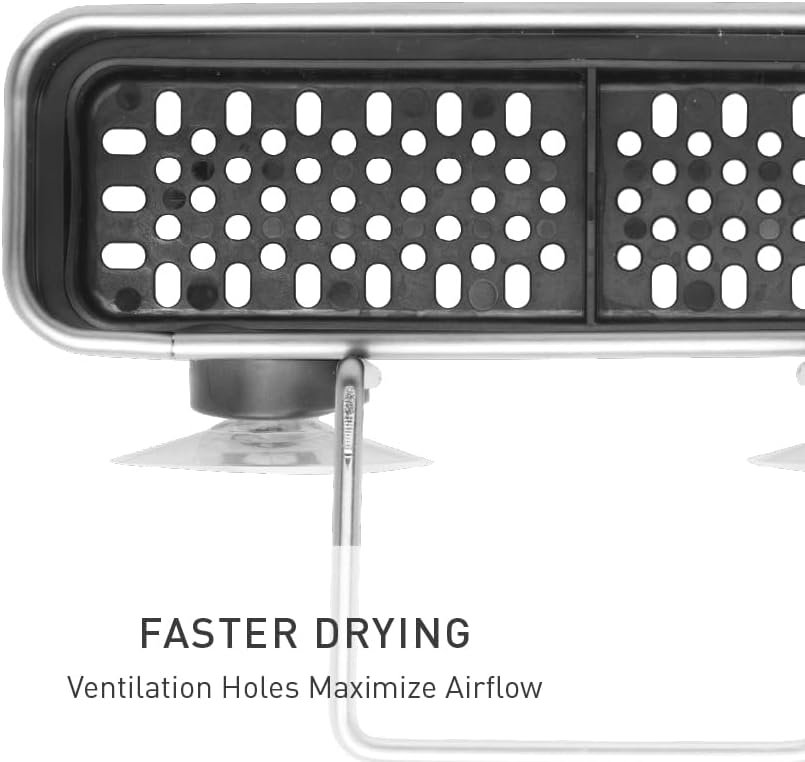 Sink Caddy, Sponge Holder for Kitchen Sink with Compartment Dividers, 4 Suction Cups & Wire Ledge Hanger for Secure Mount, Vented Base for Fast Drying, Brushed Stainless Steel