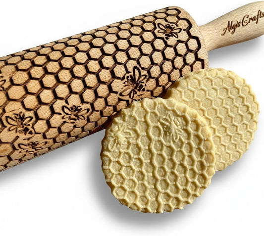 BEEHIVE Embossing Rolling Pin with Pattern. Laser Engraved Embossing Dough Roller for Homemade Cookies and Pottery