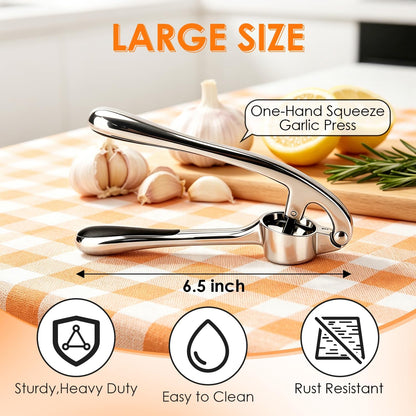 Garlic Press Set, Heavy Duty Garlic Mincer Tool with Peeler & Brush