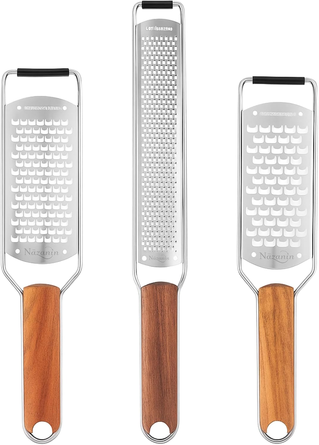 3-Piece Stainless Steel Cheese Grater & Zester Set w/Acacia Wood Handles – For Parmesan, Lemon Zest, Ginger, and Spices