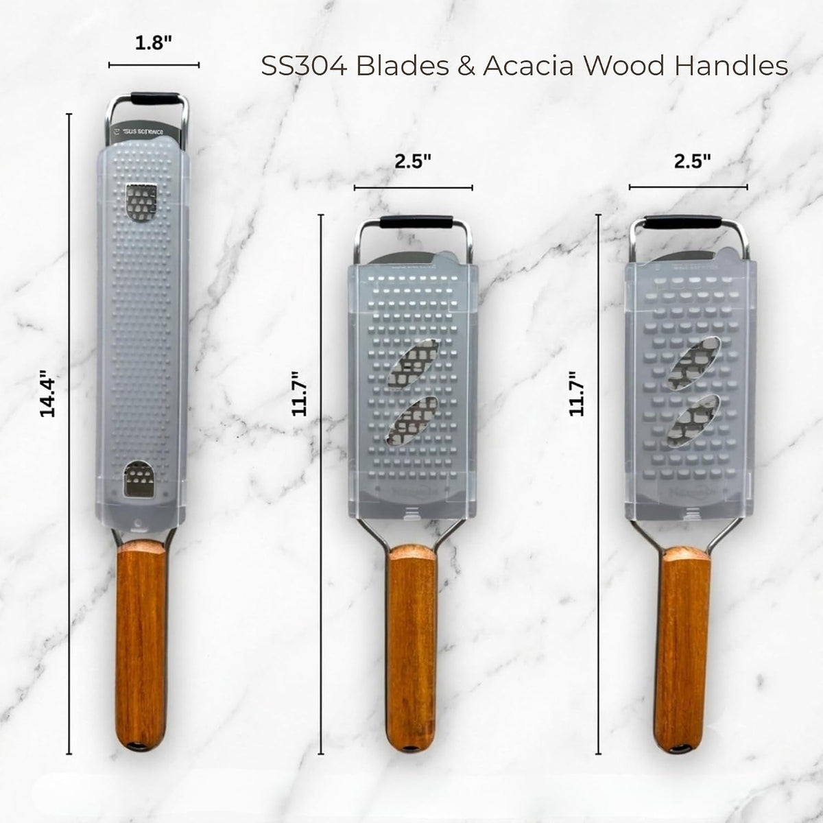 3-Piece Stainless Steel Cheese Grater & Zester Set w/Acacia Wood Handles – For Parmesan, Lemon Zest, Ginger, and Spices