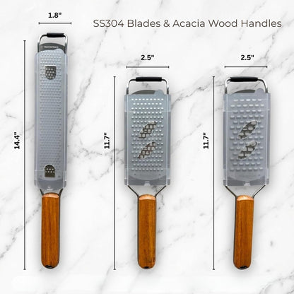 3-Piece Stainless Steel Cheese Grater & Zester Set w/Acacia Wood Handles – For Parmesan, Lemon Zest, Ginger, and Spices