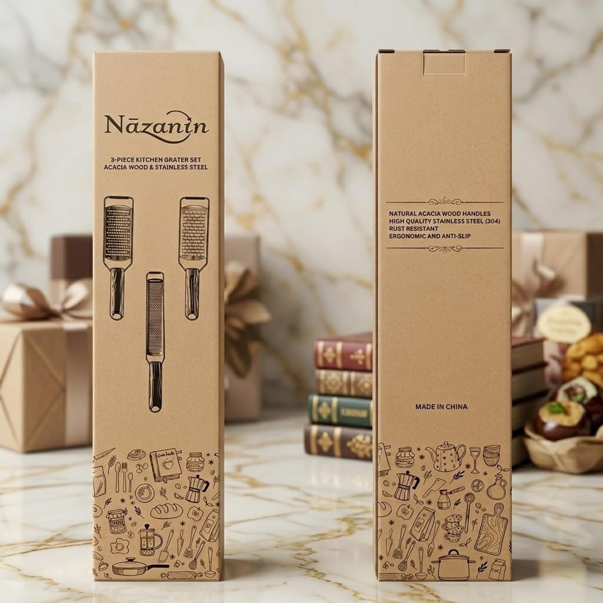 3-Piece Stainless Steel Cheese Grater & Zester Set w/Acacia Wood Handles – For Parmesan, Lemon Zest, Ginger, and Spices