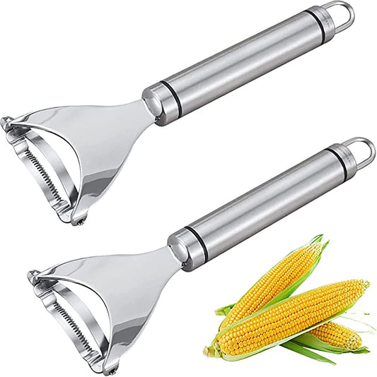 2 Pcs Stainless Steel Corn Peeler,Corn on the Cob Remover Tool,Corn Stripper Corn Sheller Kitchen Tools with Ergonomic Handle, Silver, 6.5X18CM (A169)