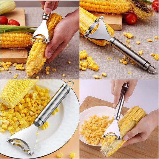 2 Pcs Stainless Steel Corn Peeler,Corn on the Cob Remover Tool,Corn Stripper Corn Sheller Kitchen Tools with Ergonomic Handle, Silver, 6.5X18CM (A169)