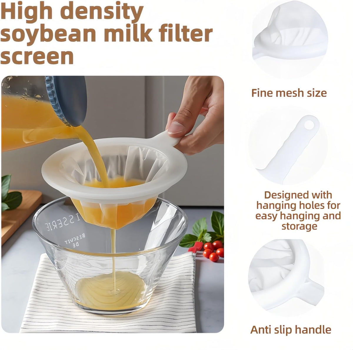 High Density Ultra-Fine Nylon Mesh Strainer Set - 3 in 1 (100/200/400 Micron) -Nylon Mesh, 100/200/400 Mesh for Coffee, Honey, Wine,Milk, Juice - Food Grade w/Non-Slip Handle & Hang Hole