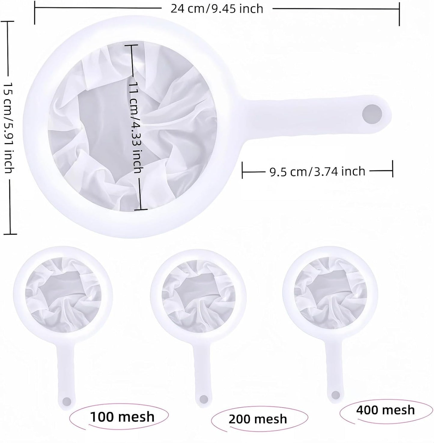 High Density Ultra-Fine Nylon Mesh Strainer Set - 3 in 1 (100/200/400 Micron) -Nylon Mesh, 100/200/400 Mesh for Coffee, Honey, Wine,Milk, Juice - Food Grade w/Non-Slip Handle & Hang Hole