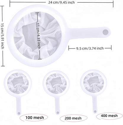 High Density Ultra-Fine Nylon Mesh Strainer Set - 3 in 1 (100/200/400 Micron) -Nylon Mesh, 100/200/400 Mesh for Coffee, Honey, Wine,Milk, Juice - Food Grade w/Non-Slip Handle & Hang Hole