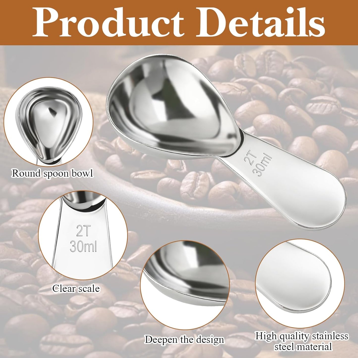 2pcs Stainless Steel Coffee Scoop Set, 1 Tbsp (15ml) & 2 Tbsp (30ml) Measuring Spoons, Short Handle Table Spoon Scoop for Ground Coffee Tea Spices Sugar